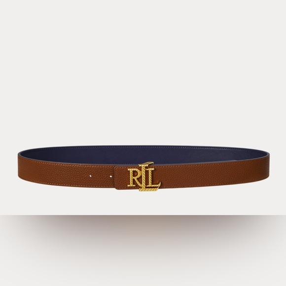 Ralph Lauren Logo Reversible Navy-Tan Pebbled Leather Belt - Picture 5 of 5